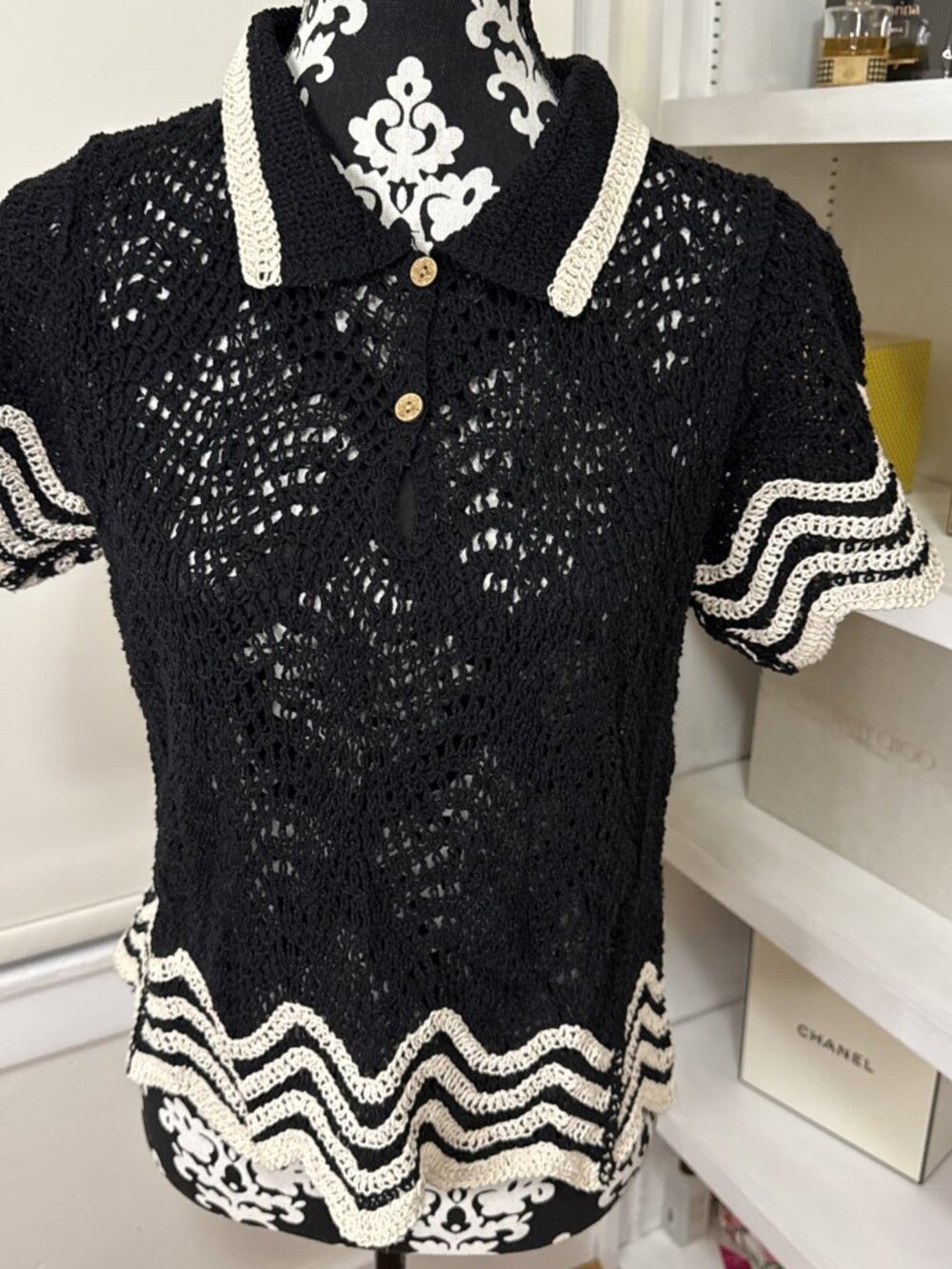 Solitaire Top Women’s Small crocheted, knitted Boho Scalloped Blouse Black White